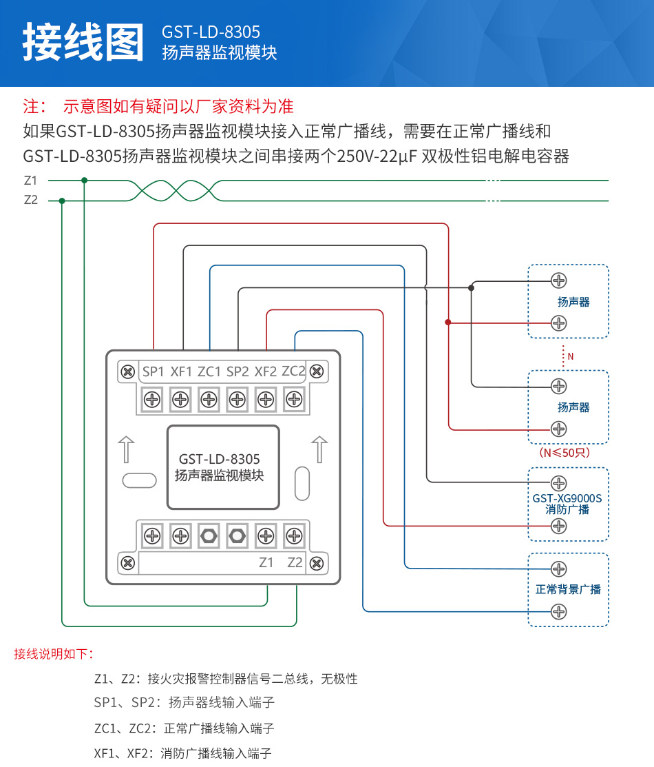 海灣GST-LD-8305揚聲器監視模塊接線圖